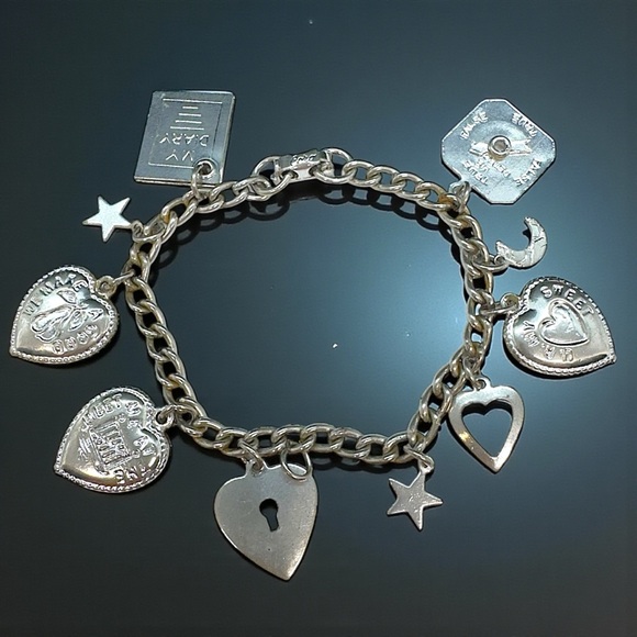Coro Jewelry - Vintage Coro Art Deco Silver-Tone Heart Stars Moon & Other Charm Bracelet